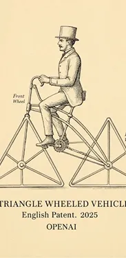 draw a design for a vehicle with triangular wheels, using these images as reference.label the front wheel, the back wheel, and at the of the diagram say (in small caps)TRIANGLE WHEELED VEHICLE. English Patent. 2025. OPENAI.