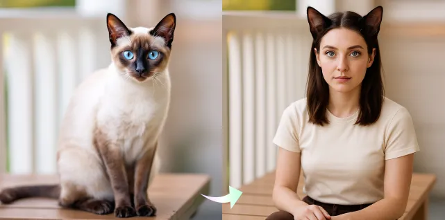 Transform the pet in this image into a human